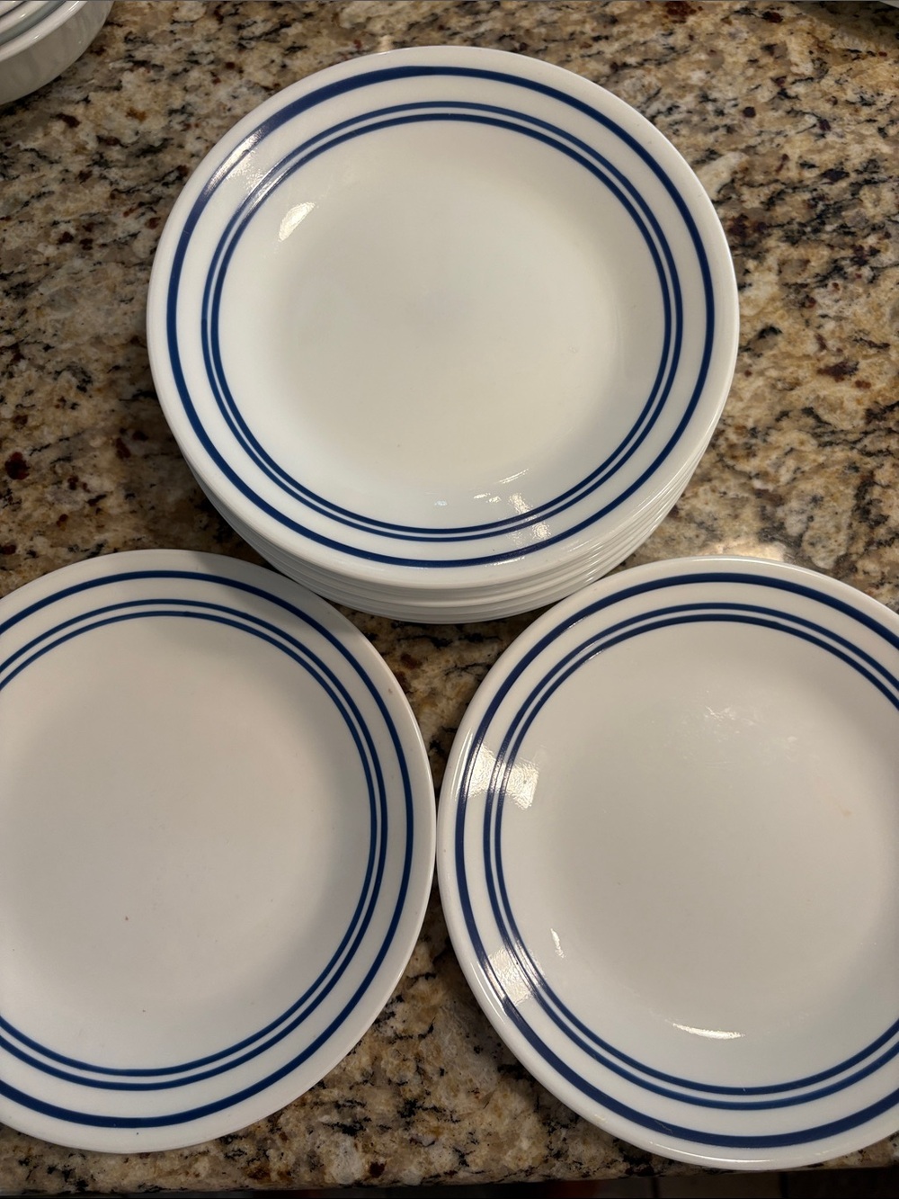 14 Corelle White  Plates with Navy Blue Double Rings
